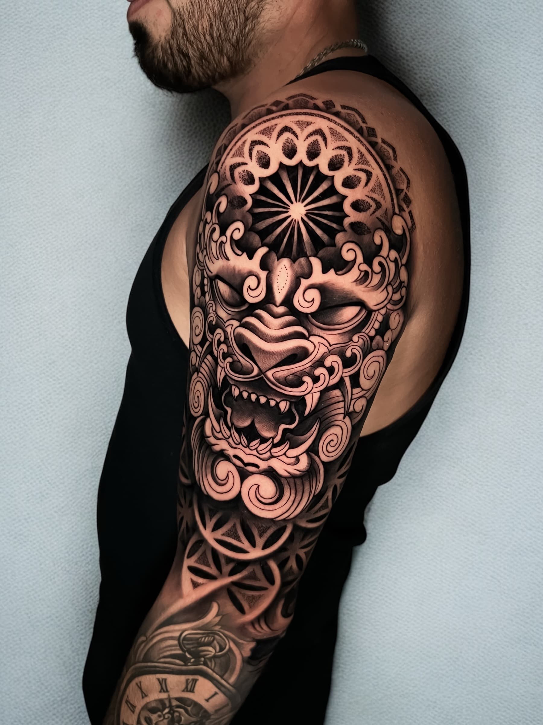 Sleeve with lion and clock