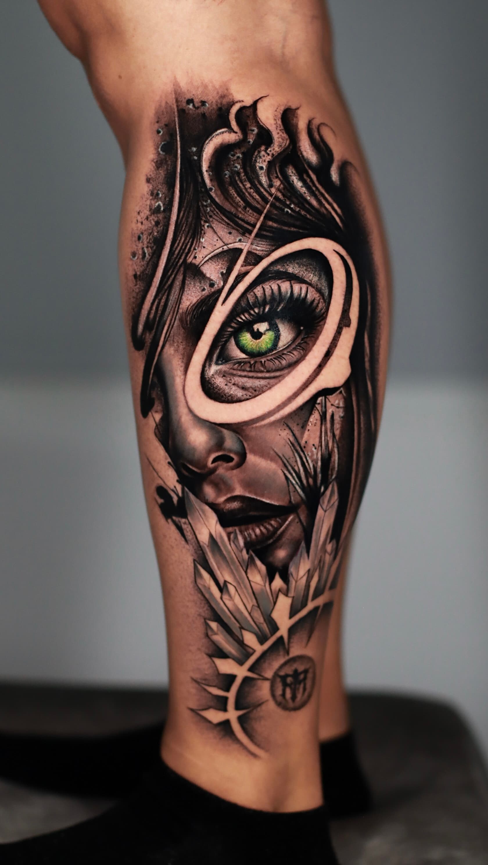 Sacred iconography black grey tattoo