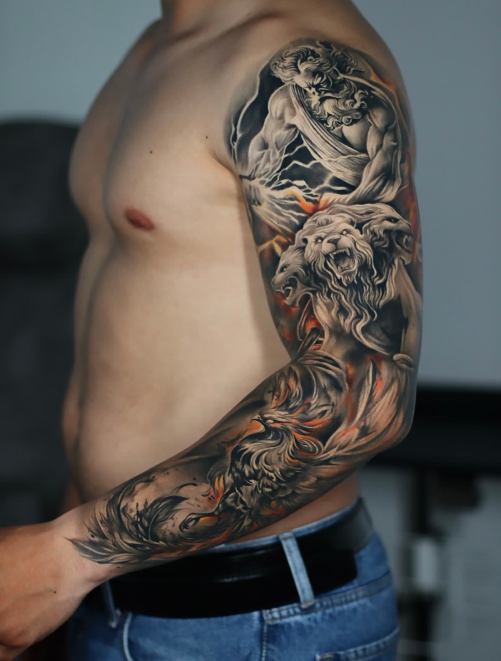 Greek mythology color lions phoenix zeus sleeve tattoo